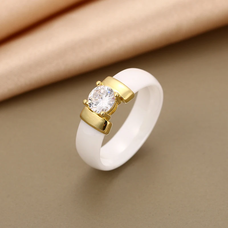 6mm White Black Ceramic Rings Plus Cubic Zirconia For Women Gold Color Stainless Steel Women Wedding Ring Engagement Jewelry