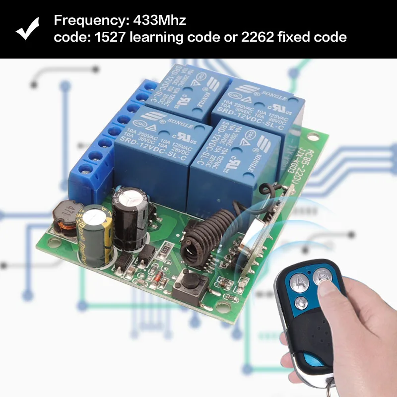 Mando a distancia para garaje, 433Mhz, 220V, 4 canales, 10A, receptor y transmisor de relé