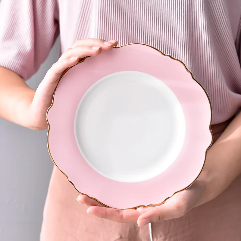 Creative  Ceramic Plate Pink Wave Point Simple Flat Plate Western Steak Plate Girl Heart Set  Irregular Golden Girl