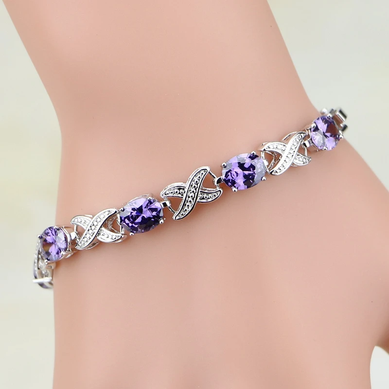 New Trendy Purple Zircon White Australian Crystal Charm Link Chain Blacelets 925 Sterling Silver Jewelry For Women