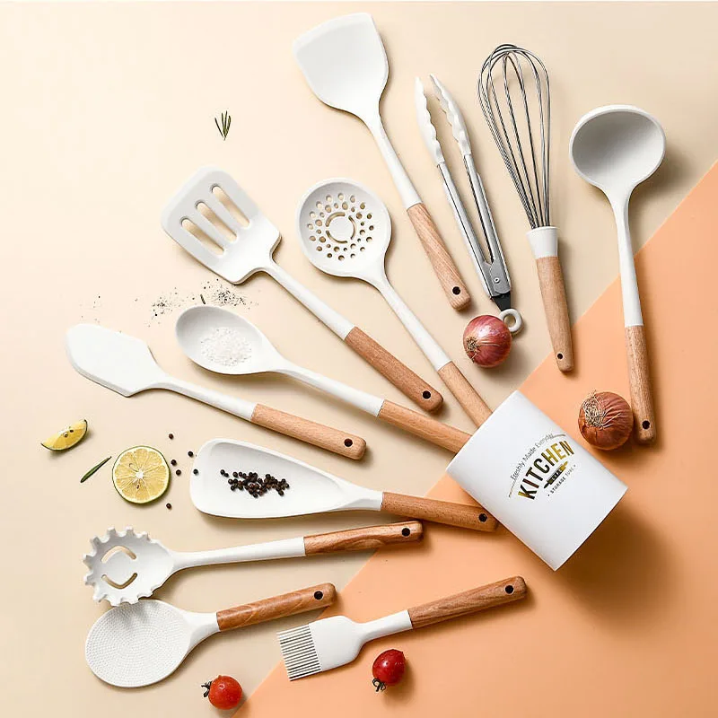 Silicone Kitchenware Utensils Non-stick Spatula Wooden Handle Cookware With Storage Box Ladle Egg Beaters Shovel Soup Spoon