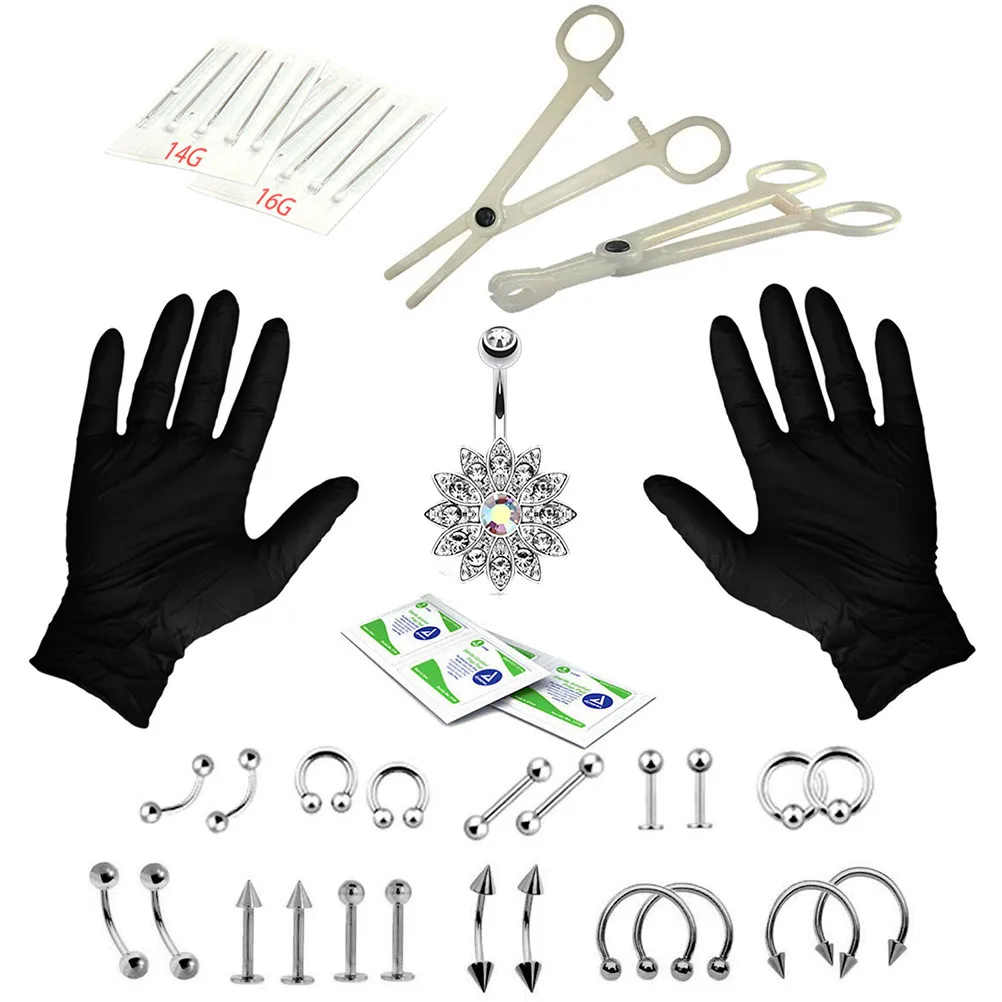 Kit d'outils professionnels pour le perçage du nombril, en acier inoxydable, anneau pour le ventre, langue, Tragus, mamelon, lèvres, sourcils, nez, bijoux pour le corps, 1 ensemble, 14G, 16G