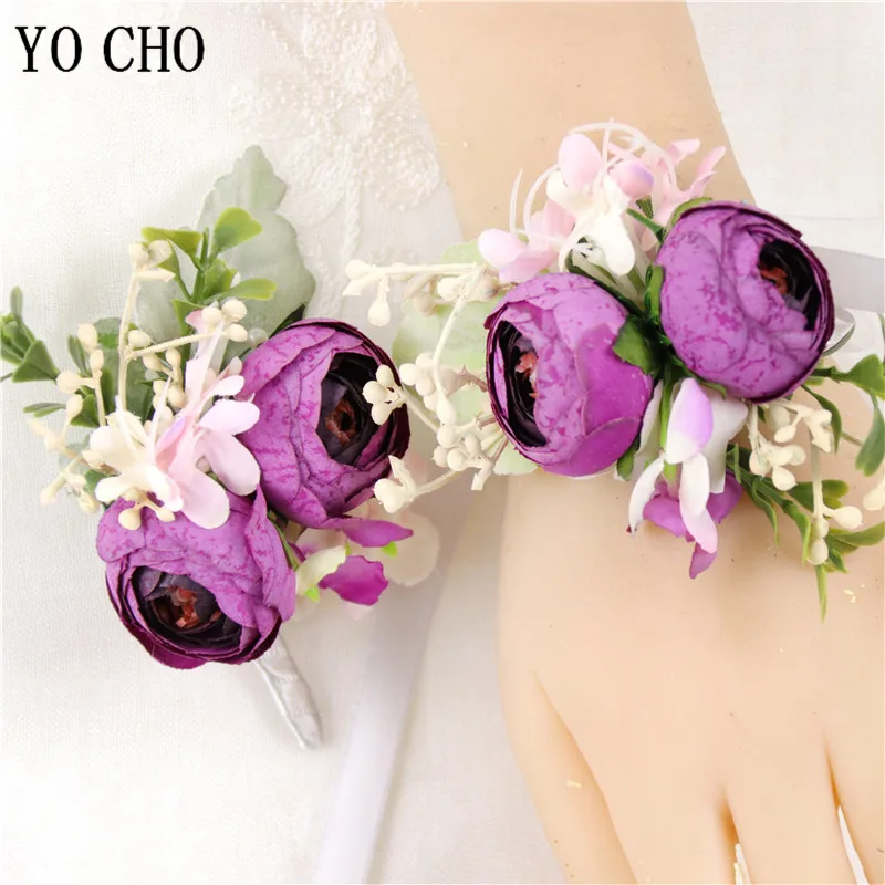 YO CHO Artificial Flowers Groom Boutonniere Man Bridesmaids Girl Wrist Corsage Bracelet Wedding Flowers Boutonnieres Party Decor