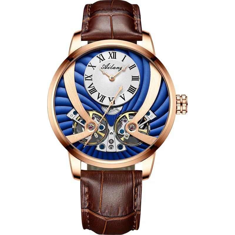 AILANG Top Brand Luxury Rose Gold Blue Double Tourbillon Man Waterproof Sport Mens Watch Relogio Masculino Business Men Watches