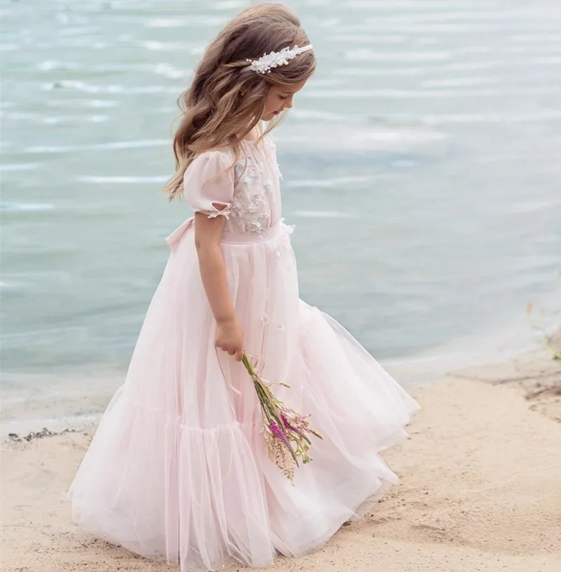 Flower Girl Dresses Lace Applique Sleeveless Delicate Beaded belt For Weddings First Communion For Girls Pageant Gowns