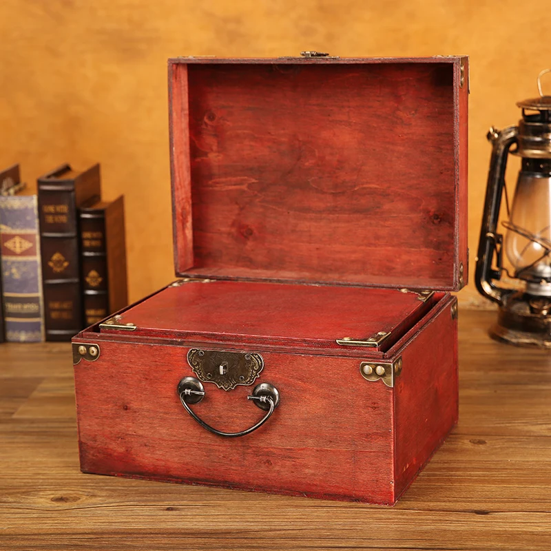 Big Vintage Jewelry Box with Metal Lock for Mother gift & retro wood casket organizer Desktop finishing storage box