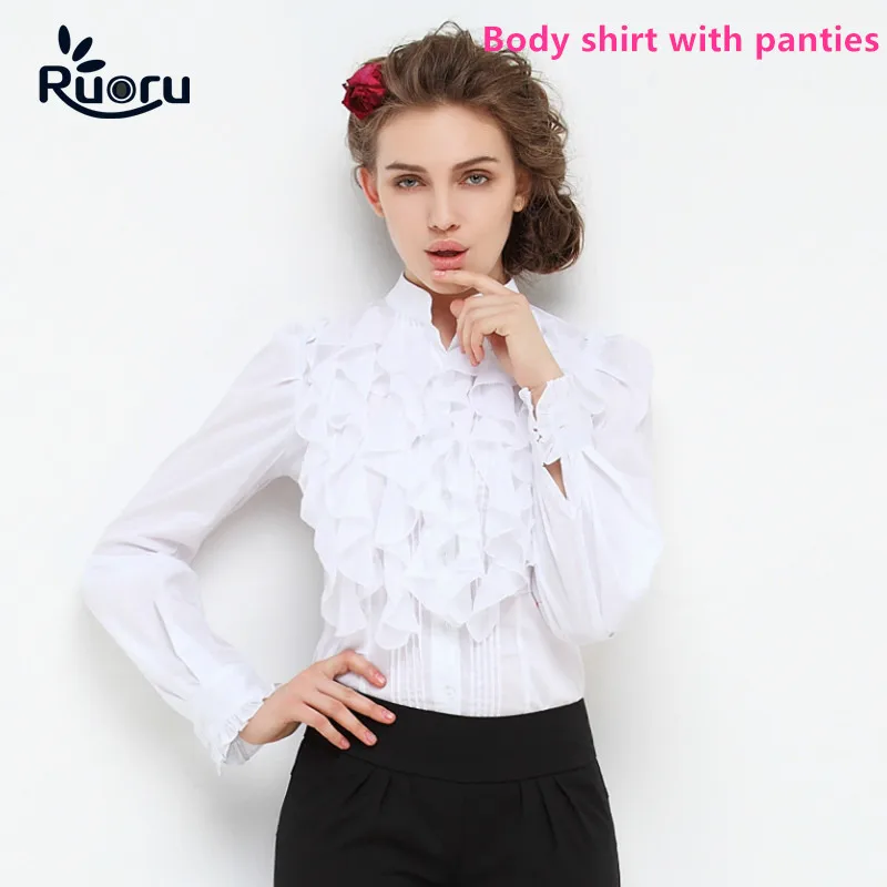 

Ruoru European Style Princess Ruffled Bodysuits Red White Ruffled Tops Long Sleeve Bodysuit Office Lady Work Formal Body Shirts