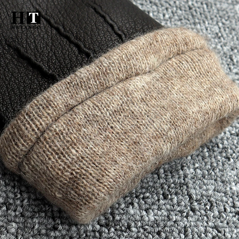 New men\'s winter gloves deerskin warm soft external suture outdoor black wave pattern high quality cold gloves wool lining