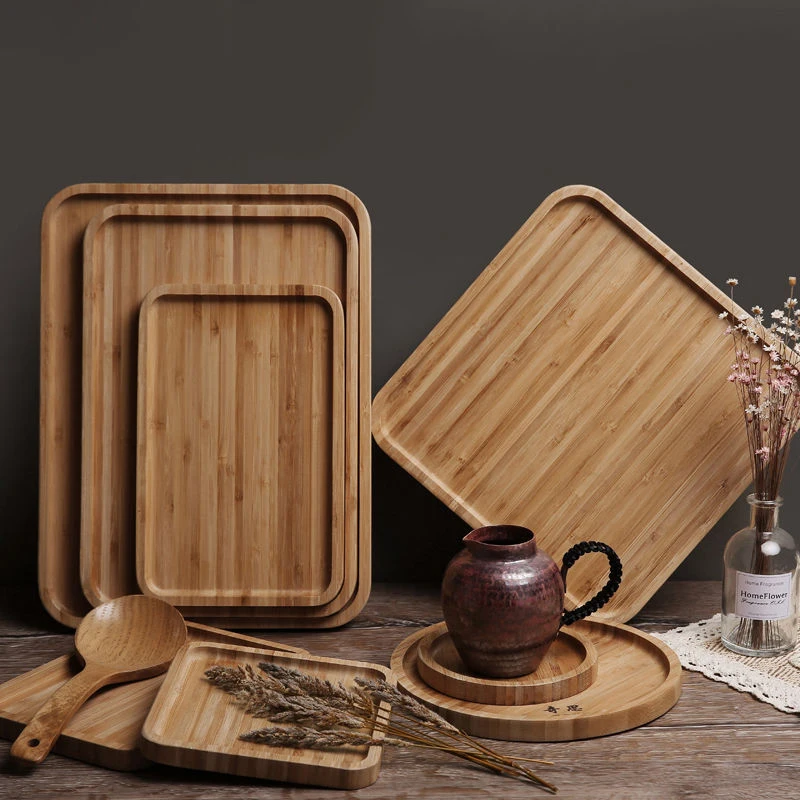 Wooden Bamboo Serving Tray, Tea Cup Saucer Trays, Fruit Plate, Storage Pallet Plate Decoration, Japanese Food Rectangular Plate