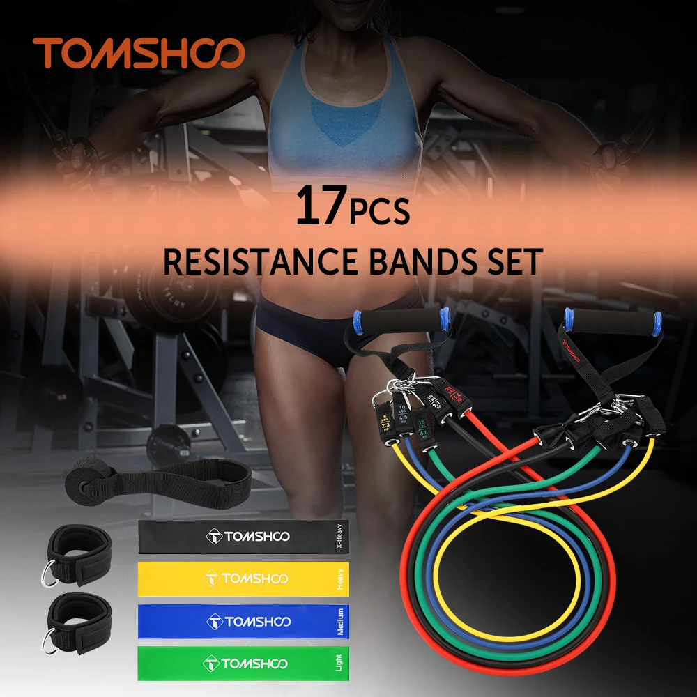 TOMSHOO 17Pcs Resistance Bands Set Workout Fintess Exercise Rehab Bands Loop Tube Bands Door Anchor Ankle Straps with Carry Bags