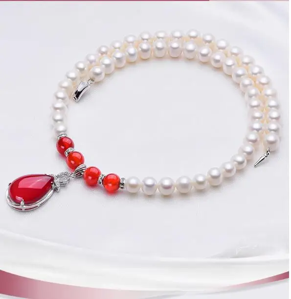 Designer Freshwater Pearl Necklace with  red Agate pendant  send to   Mother's Elderly Birthday Gift