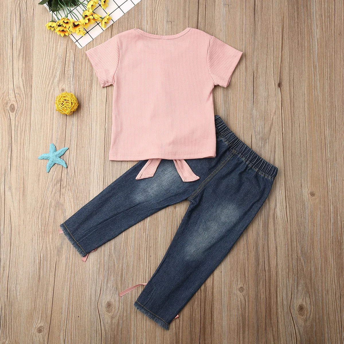 2021 Baby Summer Clothing Toddler Kid Baby Girl Clothes Ribbed Shirt Top Bandage Denim Pants Jeans Leggings Outfit 2PCS Set 1-5T