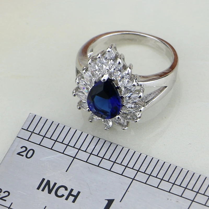 Water Drop Blue Zircon White Rhinestone 925 Sterling Silver Jewelry Sets For Women Earring/Pendant/Necklace/Ring Free Gift Box