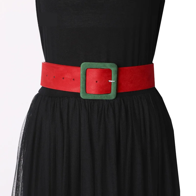 Women's Christmas Bright Suede Thick Belt Square Buckle Head Decoration Belt with Skirt Needle Buckle Belt Luxury Designer 4.8cm