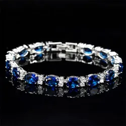 2020 New Arrival High Quality Luxury Jewelry 925 Sterling Silver Oval Cut Blue Sapphire CZ Diamond Gemstones Women Bracelet Gift