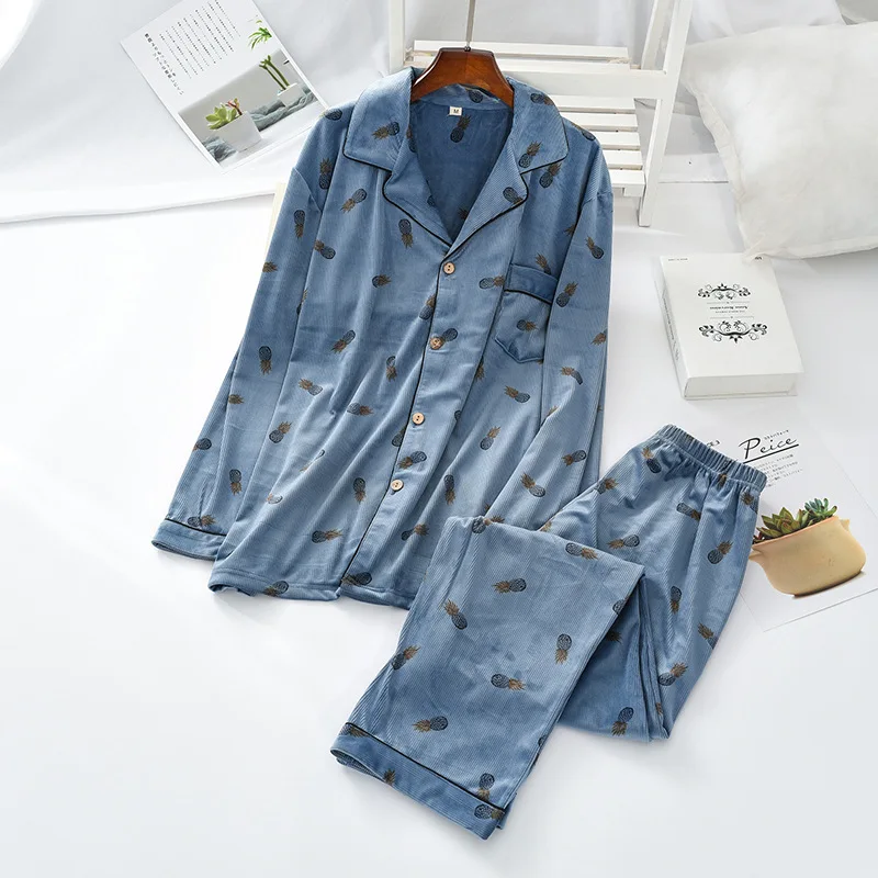 Autumn Corduroy Couples Pajamas Long Sleeve Pants Sleepwear Turn-down Collar Loungewear Women and Men 2 Piece Set Home Clothes