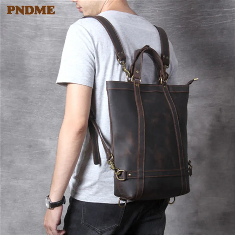 

PNDME fashion casual crazy horse cowhide men's women's backpack designer multi-function vintage genuine leather rucksack bagpack