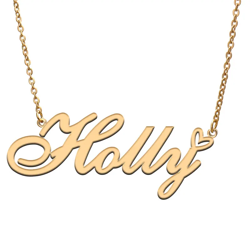 Holly with Love Heart Name Necklace for Women Stainless Steel Jewelry Nameplate Pendant Femme Mother Child Girls Gift