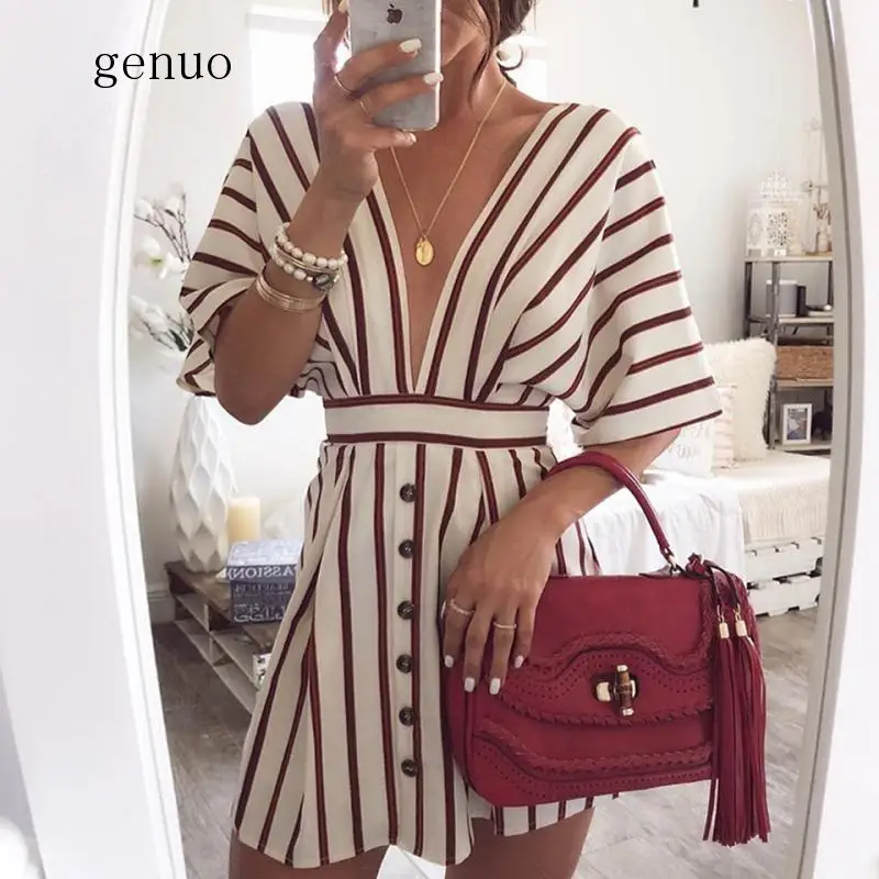 

Wood Deep V Neck Dress Women Summer Striped Print Short Sleeve Button Casual Streetwear A-Line Loose Vintage Dress Vestido