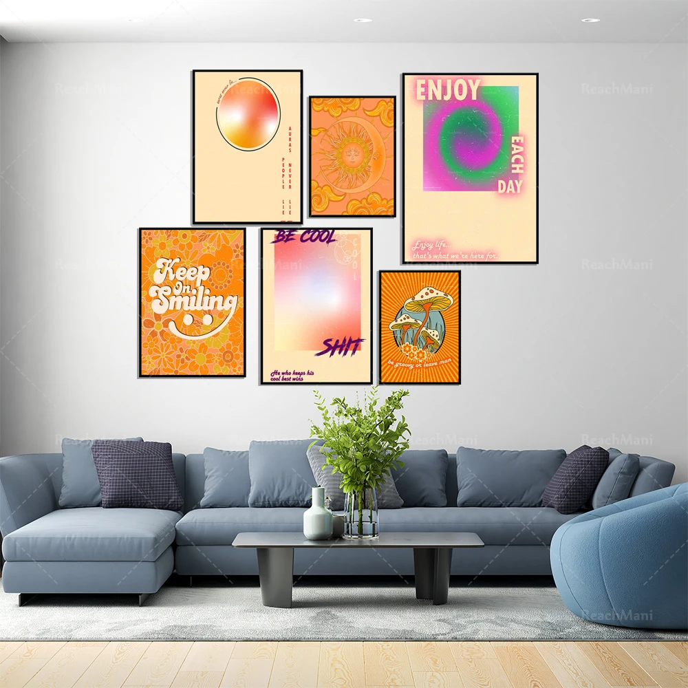 Aura poster, gradient art, mindfulness quotes, beautiful room vintage psychedelic poster, sun moon, mushroom wall decor