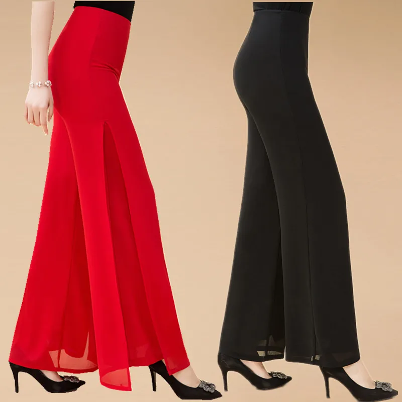 Calça pernas largas de chiffon, calça comprida de alta qualidade para dança, calça em cor sólida com dois dedos, para mulheres, calça casual