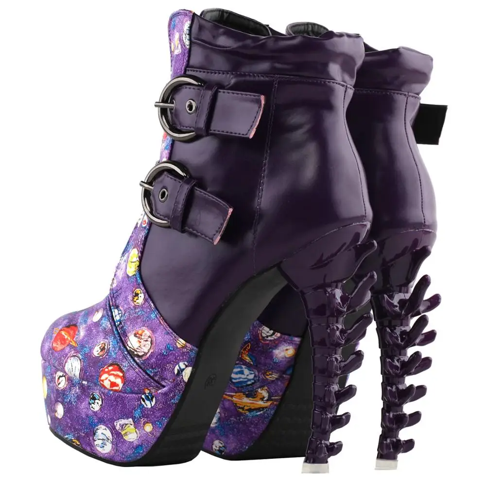 LF80685 SHOW STORY Punk Vintage Rockabilly Purple Strap Buckle High-top Bone Platform Ankle Boots