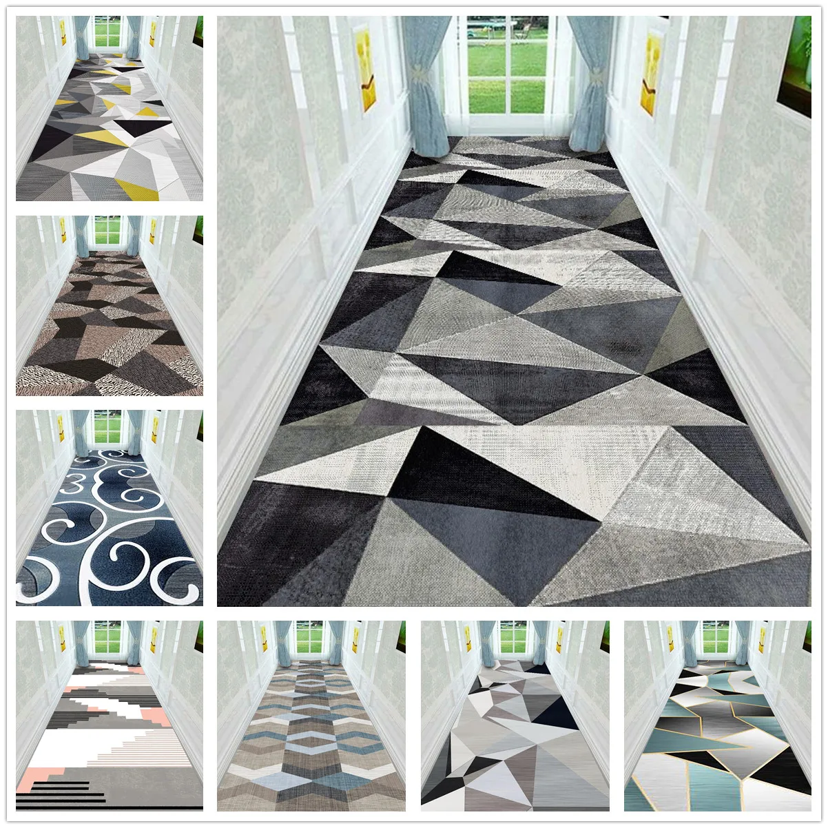 Gray Geometric Corridor Rug Hallway Carpet Geometry Print Living Room Area Rug Bedroom Kitchen Mat Crystal Velvet Floor Door Mat