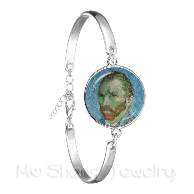 Van Gogh Oil Painting Chain Bracelet Women Fashion Silver Plated 18mm Glass Cabochon Starry Night Sunflower Bangle Jewelry