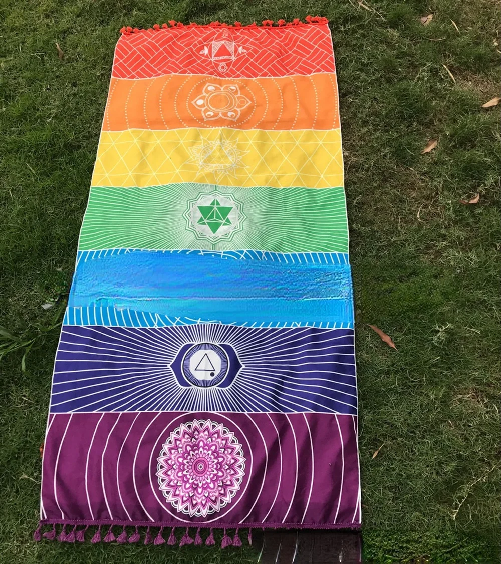 Square Rainbow Beach Towel Popular Seven Color Chakra Mandala Meditation Yoga Tassel Beach Towel Picnic Blanket Mat