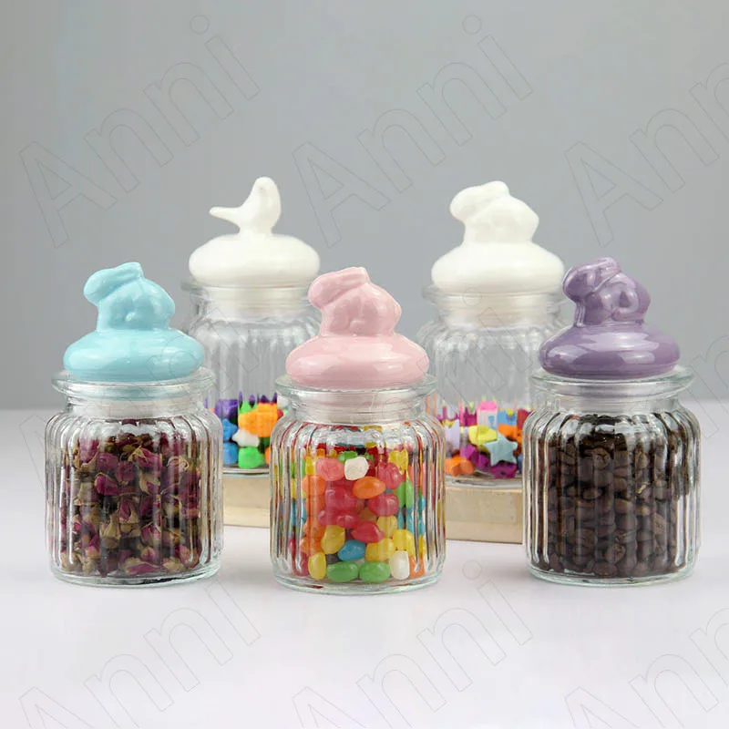 Creative Vertical Glass Bottle Nordic Modern Ceramic Animal Decorative Sealed Grain Dispenser Candy Jar Glass Storage Organizer