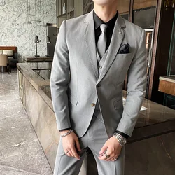 ( Jacket + Vest + Pants ) High-end Brand Formal Groom Wedding Dress Striped Suit Three-piece Suit Stage Performance Social Suit