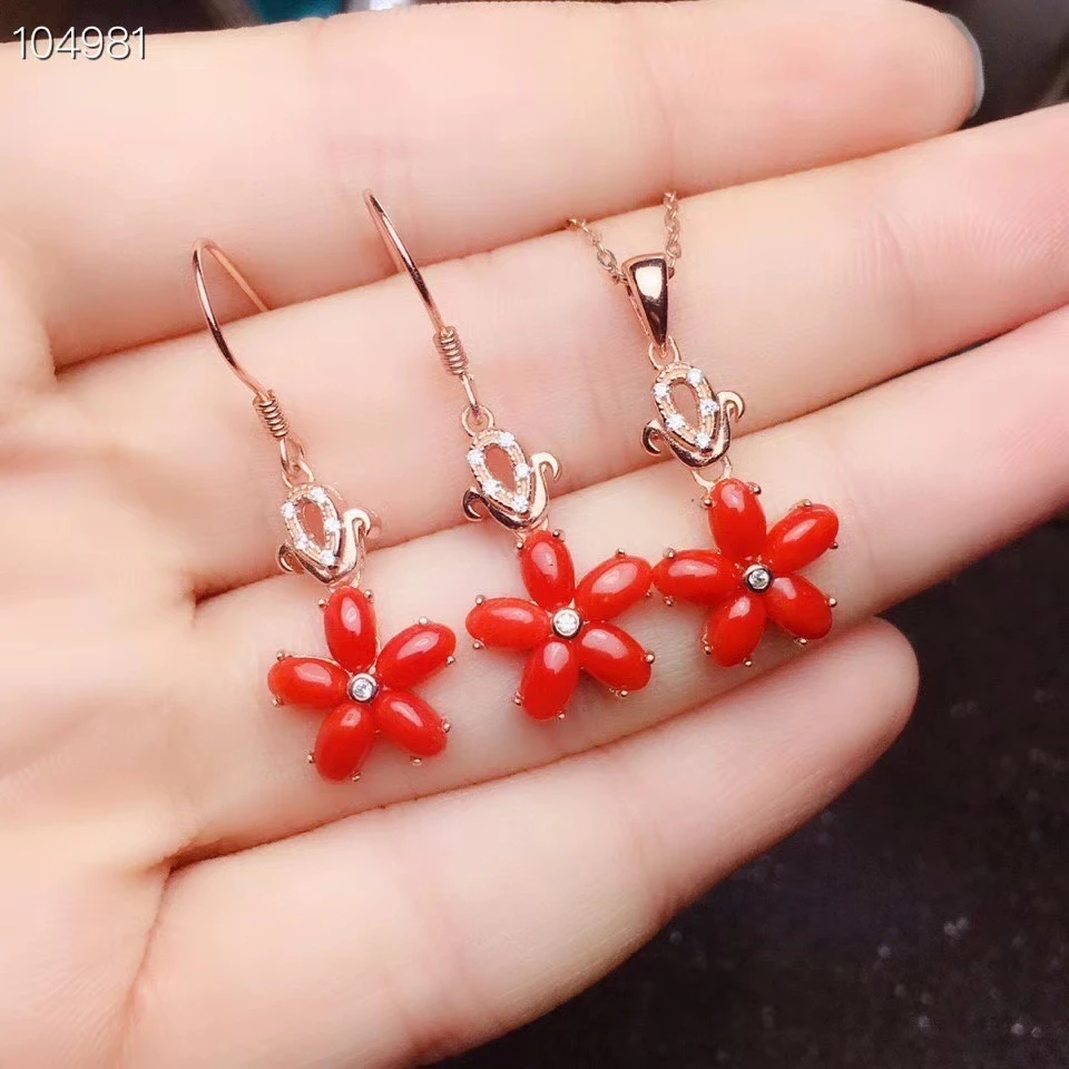 

KJJEAXCMY fine jewelry 925 sterling silver inlaid natural red coral earrings pendant popular girl suit support test