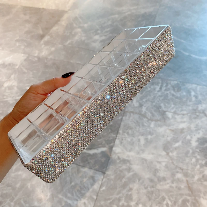 24 Grid Lipstick Box Rhinestone Acrylic Storage Case Makeup Organizer Nail Polish Cosmetic Diamond Display Stand Holder Gifts