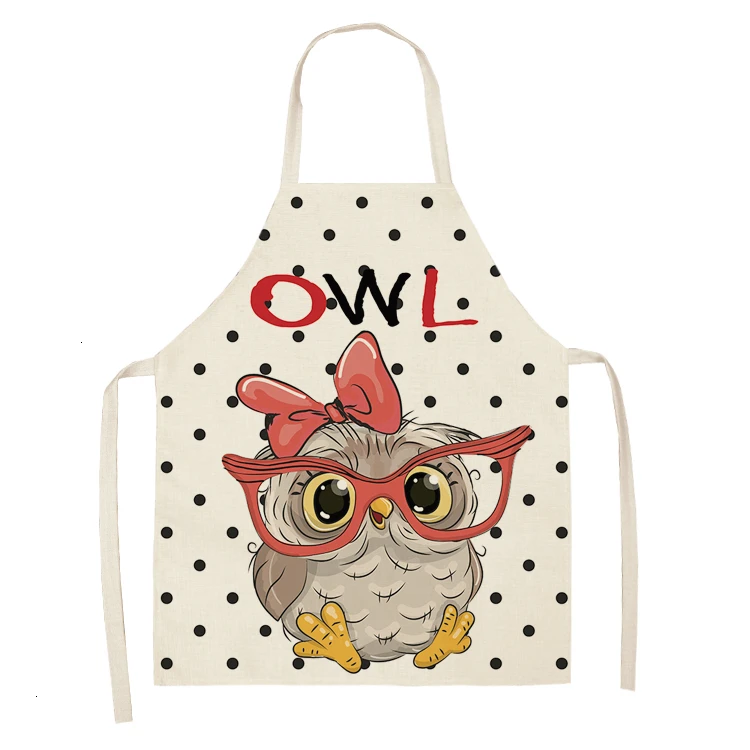 New Owl Flower Cartoon Pattern Printed Cotton and Linen Female Apron Household Daily Kitchen Cooking and Baking Oil-proof Bib