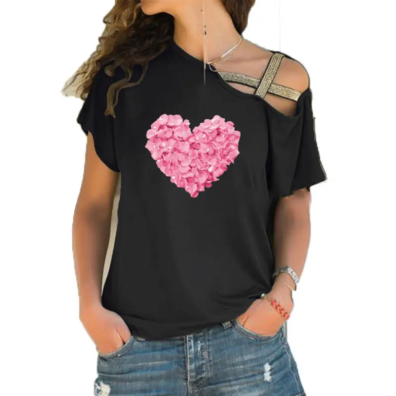 

New Summer Pink Heart Flower Print 90s Lady Yong Funny Teeshirt Women Short sleeve Loose Irregular Skew Cross Bandage Tops Tee