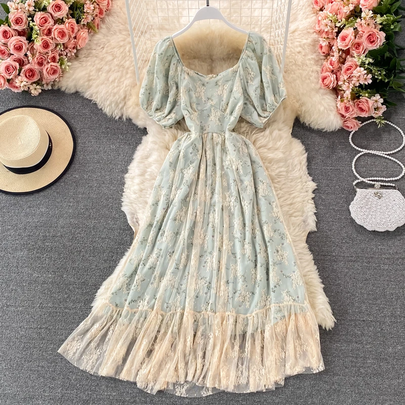 2024 Summer Elegant Embroidered Lace Mesh Gauze Print Chiffon Dress Women Puff Short-Sleeved Slim High Waist Long Dress Vestidos