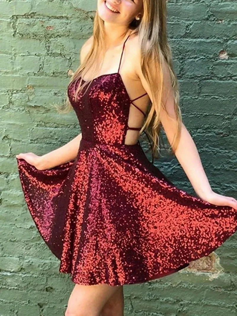 

Sexy Burgundy Short Graduation Cocktail Dress V Neck Straps Back Sequin Homecoming Party Gowns Fashion Robe De Soriee