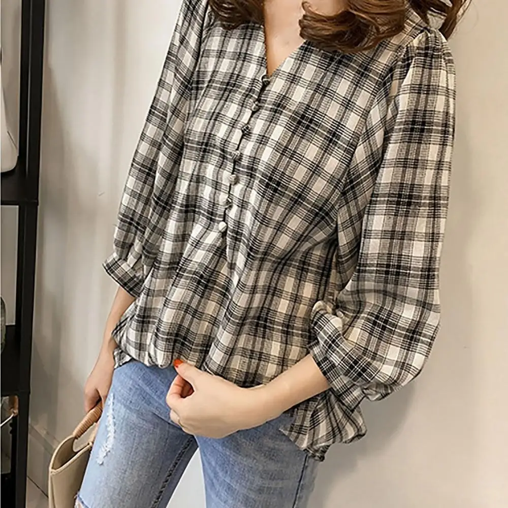 2021 Autumn Vintage Plaid Shirts Women 3/4 Puff Sleeve V Neck Buttons Loose Blouse Streetwear Fashion Ladies Blouse