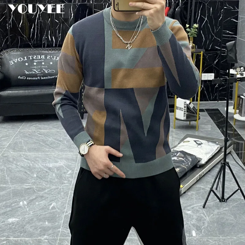 Men\'s Color Matching Sweater Korean Slim Trendy O-neck Plush Thickened Pullover Bottoming Shirt 2021 Autumn Winter Male Clothing