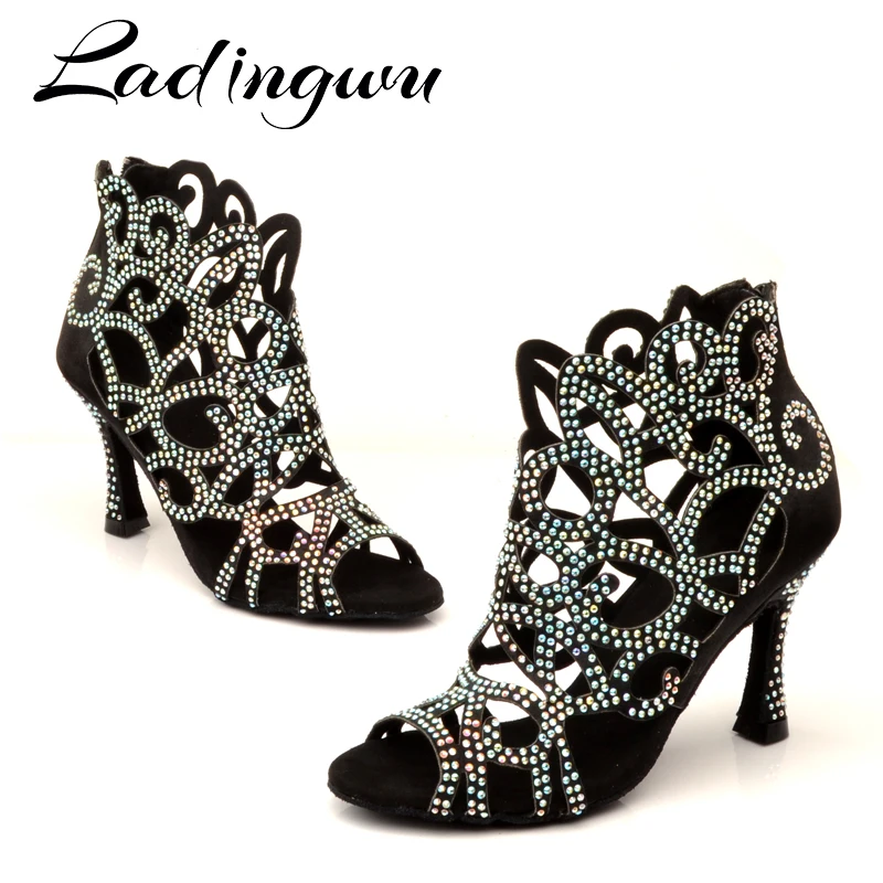 Ladingwu Brands Latin Dance Shoes Laser Engraved Rhinestone Professional Dance Shoes Customizable Colors Salsa Dance Shoes