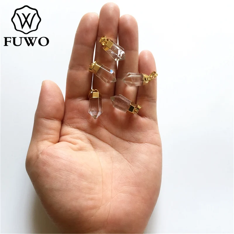 FUWO Wholesale Natural Clear Quartz Point Pendants,Golden Plated Bullet Shape Crystal Accessories For Jewelry Make 5Pc/Lot PD004