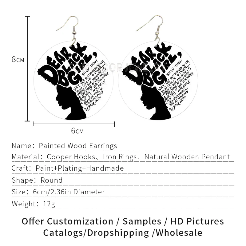 SOMESOOR Dear Black Girl African Woman Wooden Earrings With AFRO Natural Hair Power Words Sayings Printing Drop Earring Jewelry image 2