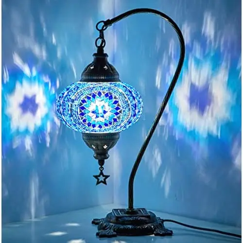 

LaModaHome 2021 English Moroccan Handmade Colorful Mosaic Gooseneck Table Bedside Lamp with Lampshade Antique Body (Blue)