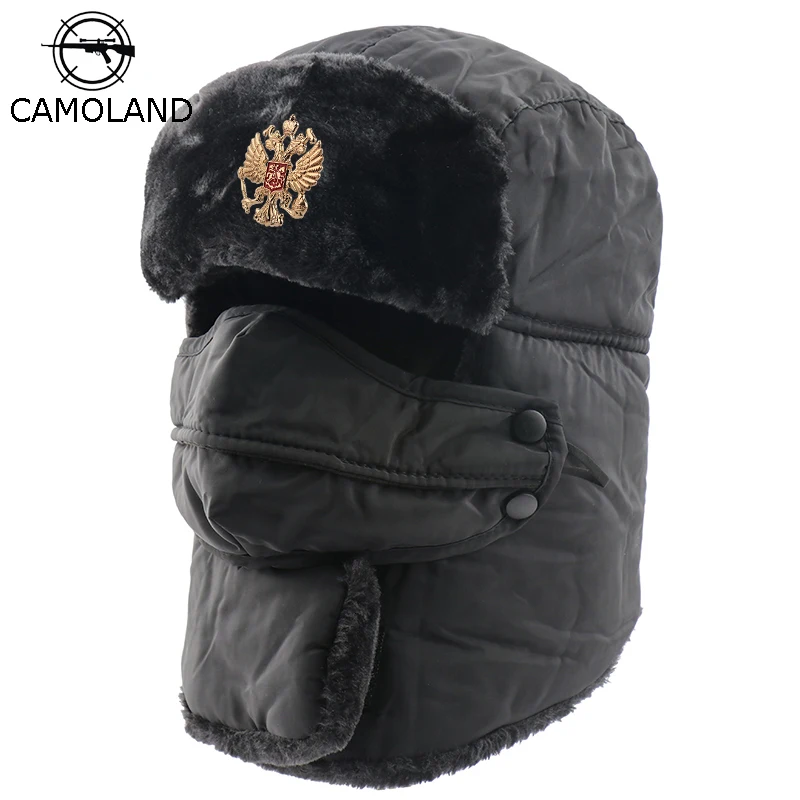 

CAMOLAND Waterproof Snow Skiing Caps Bomber Hat Men Soviet Badge Russia Ushanka Hat Thermal Faux Fur Earflap Cap