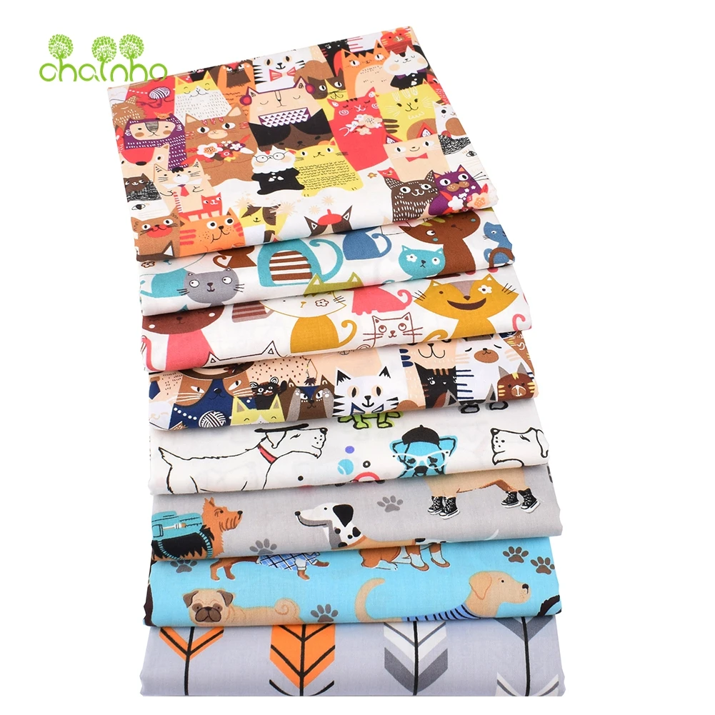 Chainho,Printed Twill Weave Cotton Fabric,Patchwork Cloth,DIY Sewing Quilting Material,Cats & Gogs Cartoon Series,2 Sizes,CC306