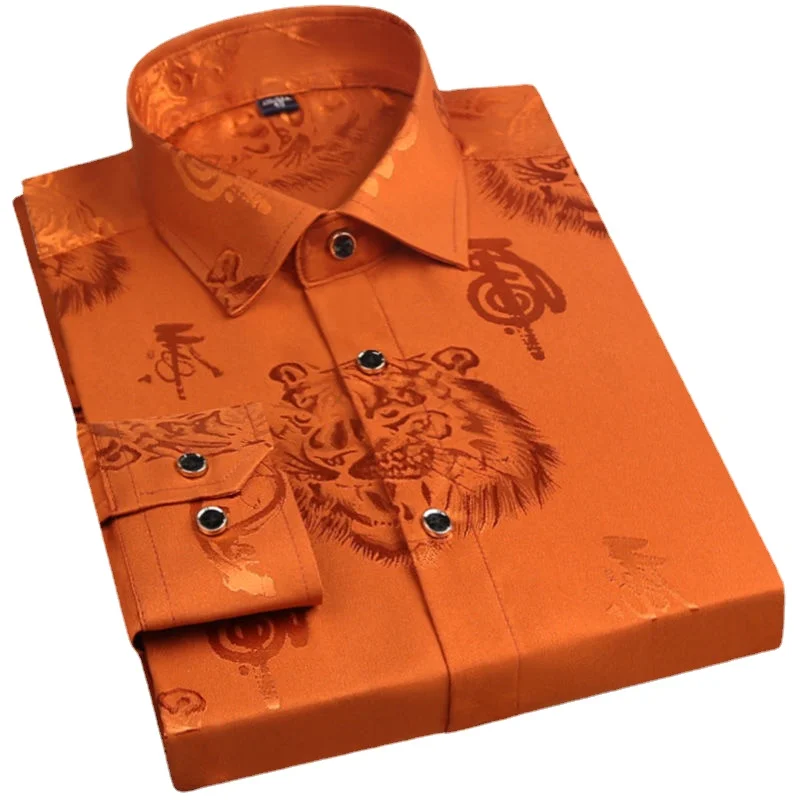 Spring Men\'s Long-sleeved Shirt, Tiger Print Orange Lapel Single-breasted Top Hanfu  Slim Fit  Shirt Men  Japanese Fashion