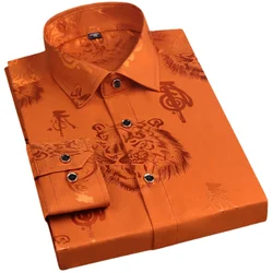 Spring Men's Long-sleeved Shirt, Tiger Print Orange Lapel Single-breasted Top Hanfu  Slim Fit  Shirt Men  Japanese Fashion