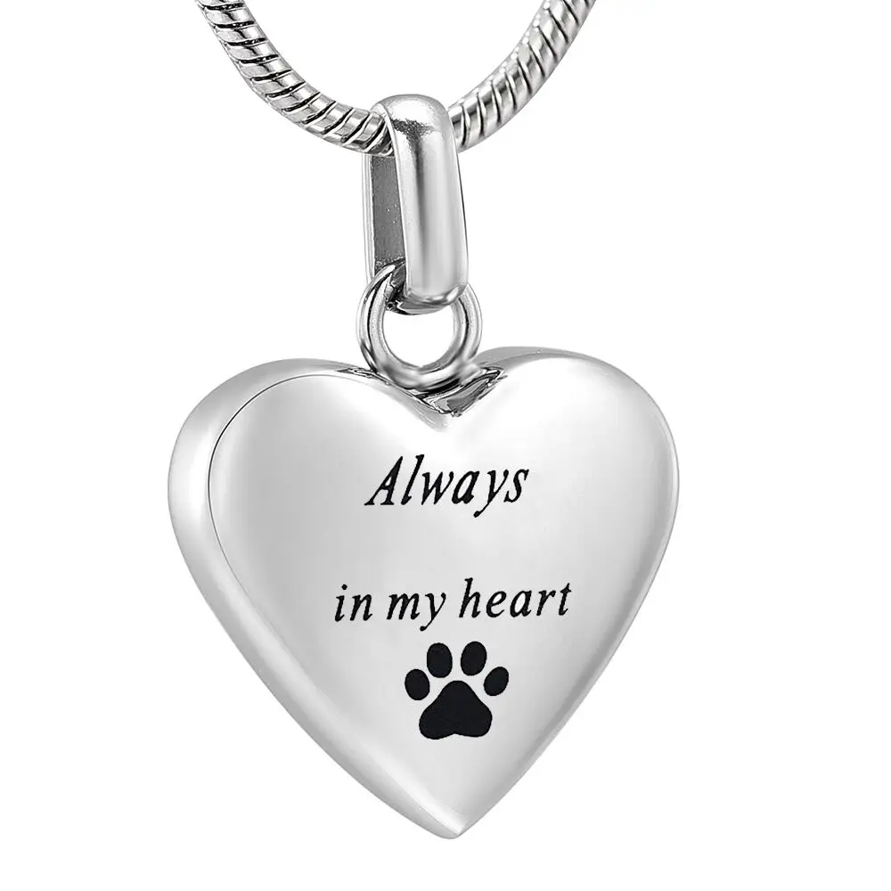 IJD8455  Pet Memorial Jewelry - Always In My Heart Urn Necklace For Ashes With Dog/Cat Paw Print Keepsake Pendant  - Engravable