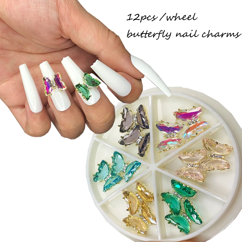 

12pc/Wheel Crystal Betterfly Nail Charms,2pc*6Colors 3D Charms Gems Aurora Glass DIY Rhinestones Maniucre Decorations&Jewelry