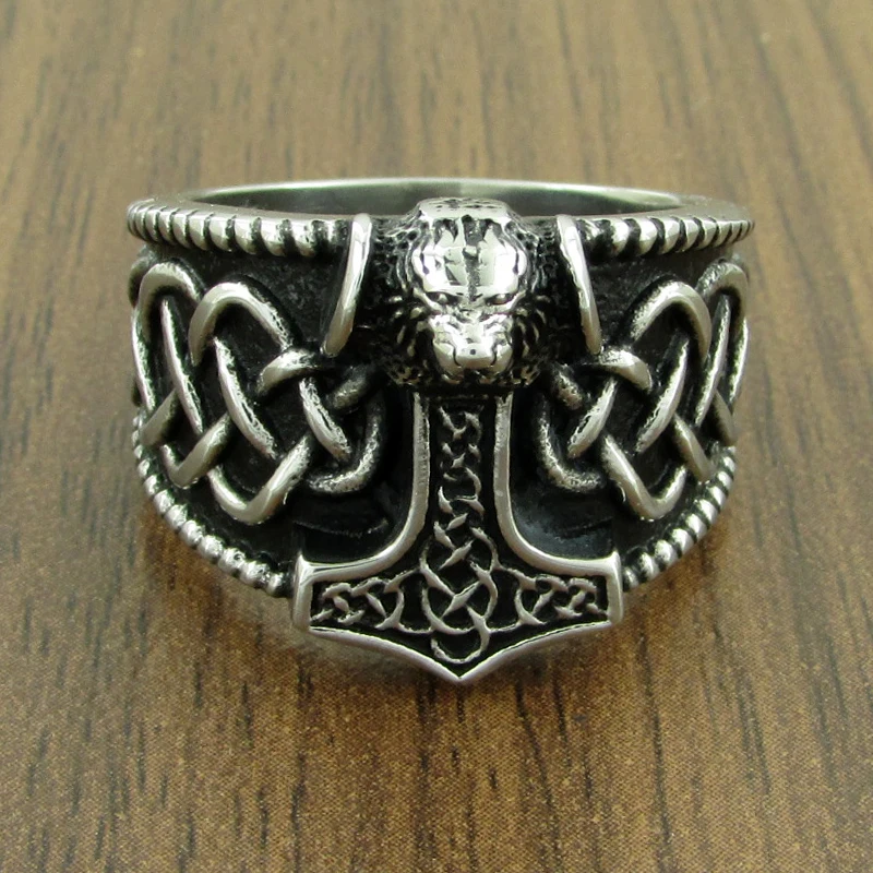 Gothic Silver Color 316L Stainless Steel Viking  Thor Hammer Celtics Knot Ring Men\'s Nordic Lion Mjolnir Rings